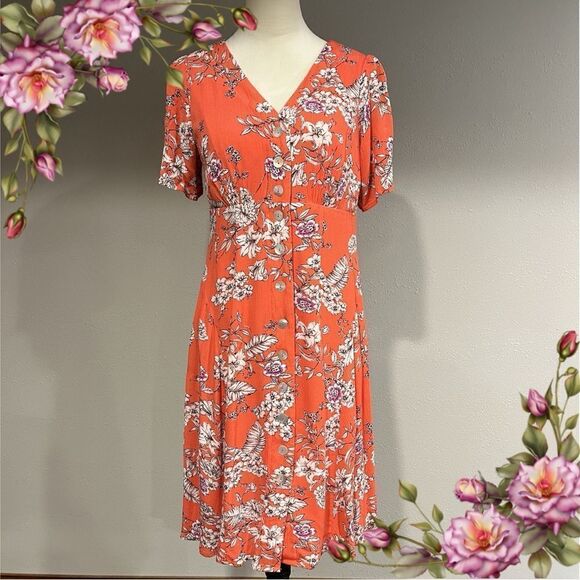 Button down floral blood orange short sleeve dress - Picture 2 of 15